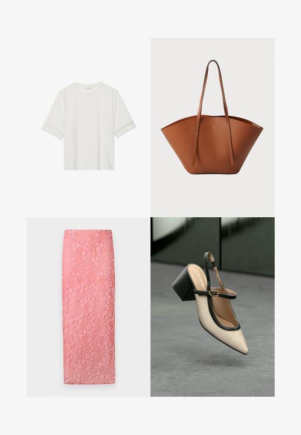 Hvit t-skjorte med kort erme laget av bomull, med dekorativ blondekant langs ermene og en rund halslinning.; Blonderett blyantskjørt i lys rosa med blomstermønster og teksturert overflate; knelang design og en tettsittende silhuett.; Beige spiss tå slingback sko med svart kant, gullspenne og tykk blokkheel på grått gulv med mørkegrønn bakgrunn.; Brun skinn totebag med en bred, strukturert form, tynne håndtak og en teksturert overflate. Har et minimalistisk design uten synlige detaljer.
