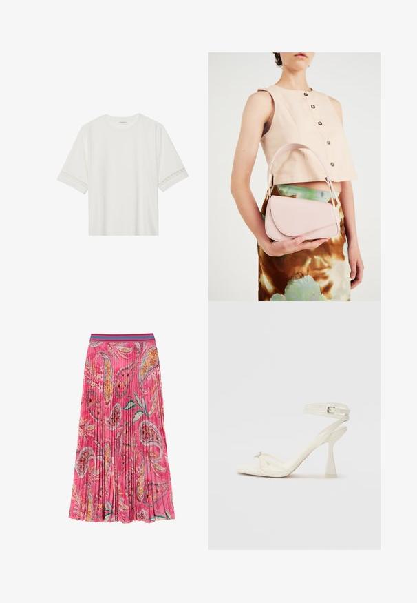 Balta īsām piedurknēm T-kreklu, izgatavotu no kokvilnas, ar dekoratīvu mežģīņu apdari ap piedurknēm un apaļu kakla izgriezumu.; Rozā plisēta svārku ar ziedu un paisley rakstiem, ar kontrastējošu tirkīza svītru jostasvietu. Izgatavota no viegla auduma.; Balti ādas striķu augstpapēžu sandales ar elegantu dizainu, caurspīdīgu blokveida papēdi un dekoratīvu elementu pirksta daļā.; Rozā ādas rokassoma ar izliekto vāku, vienu plecu siksnu un vienkāršām līnijām. Soma izceļas ar gludu tekstūru un minimālistisku dizainu.