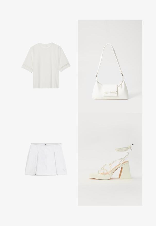 Bela kratka majica s kratkimi rokavi iz bombaža, okrašena z dekorativnim čipkastim robom ob rokavih in okroglo izrezom.; Bela športna krila z ravnim pasom, zadržno žepoma na obeh straneh in podrobnostjo logotipa na spodnjem desnem delu. Gladko, lahkotno blago.; Bela sandala na visokih petah s debelim petam, ki ima obliko trakcev in vezanje okoli gležnja. Gladka tekstura z platformo spredaj za dodatno višino.; Bela sintetična torbica v obliki trikotnika, z ravnim sprednjim poklopcem in detajlom mašne, nastavljivim trakom, gladko teksturo in minimalističnim dizajnom.