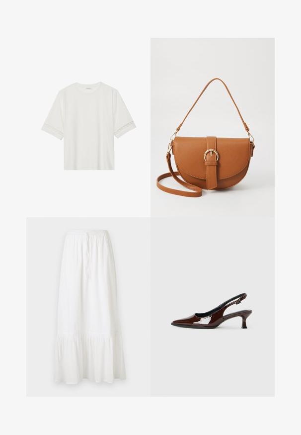 Bílé tričko s krátkým rukávem vyrobené z bavlny, s dekorativní krajkovou aplikací na rukávech a kulatým výstřihem.; Bílá sukně ke kolenům vyrobená z lehké tkaniny s elastickým pasem a šňůrkou. Má volánkový lem a jemnou texturu.; Hnědé lakované kožené slingback boty s špičatou špičkou a mírným podpatkem. Disponují přezkou pro bezpečné upevnění. Hladký povrch.; Hnědá kožená křížová taška s zakřiveným tvarem, zlatými detaily a akcentem s přezkou. Obsahuje odnímatelný popruh na rameno.