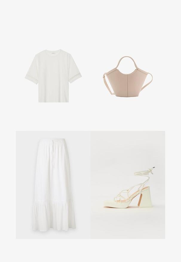 Bela kratka majica s kratkimi rokavi iz bombaža, okrašena z dekorativnim čipkastim robom ob rokavih in okroglo izrezom.; Bela krila do kolen, izdelana iz lahkega materiala z elastiko in vrvico za prilagajanje. Ima okrašeni rob in subtilno teksturo.; Bela sandala na visokih petah s debelim petam, ki ima obliko trakcev in vezanje okoli gležnja. Gladka tekstura z platformo spredaj za dodatno višino.; Bežna usnjena torbica edinstvene oblike, z dvema kratkima ročajema in dolgim nastavljivim trakom. Gladka tekstura z minimalno kovinsko opremo.