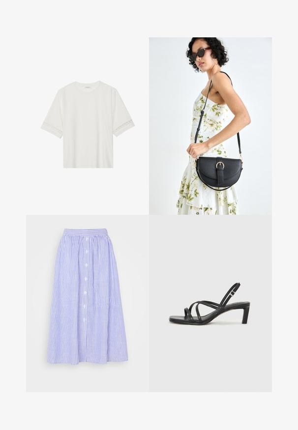 Hvid kortærmet t-shirt lavet af bomuld, med dekorativ blondekant langs ærmerne og en rund halsudskæring.; Lys blå og hvid stribet nederdel, mellemlang, med en samlet talje, knaplukning foran og subtil tekstur.; Sort remsandale med firkantet tå og en lav blokeret hæl. Har flere tynde stropper og en justerbar ankelrem. Fremstillet af glat læder.; Sort læderhåndtaske med en buet form, aftagelig rem og guldfinish. Tasken har en klap med en spænde detalje.