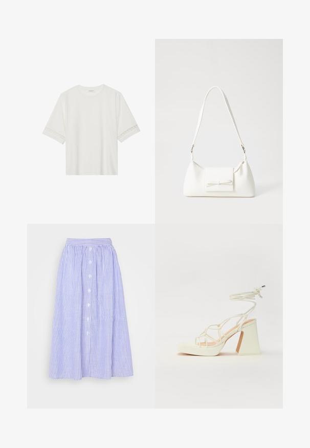 Hvit t-skjorte med kort erme laget av bomull, med dekorativ blondekant langs ermene og en rund halslinning.; Lyseblå og hvit stripete skjørt, midtlengt, med en samlet midje, knappestolpe foran, og subtil tekstur.; Hvit høyhælte sandal med kraftig hæl, med en stroppe-design og ankelbånd. Glatt tekstur med plattform foran for ekstra høyde.; Hvit syntetisk håndveske med trekantet form, flat klaff foran og sløyfe detaljer, justerbar stropp, glatt tekstur og minimalistisk design.