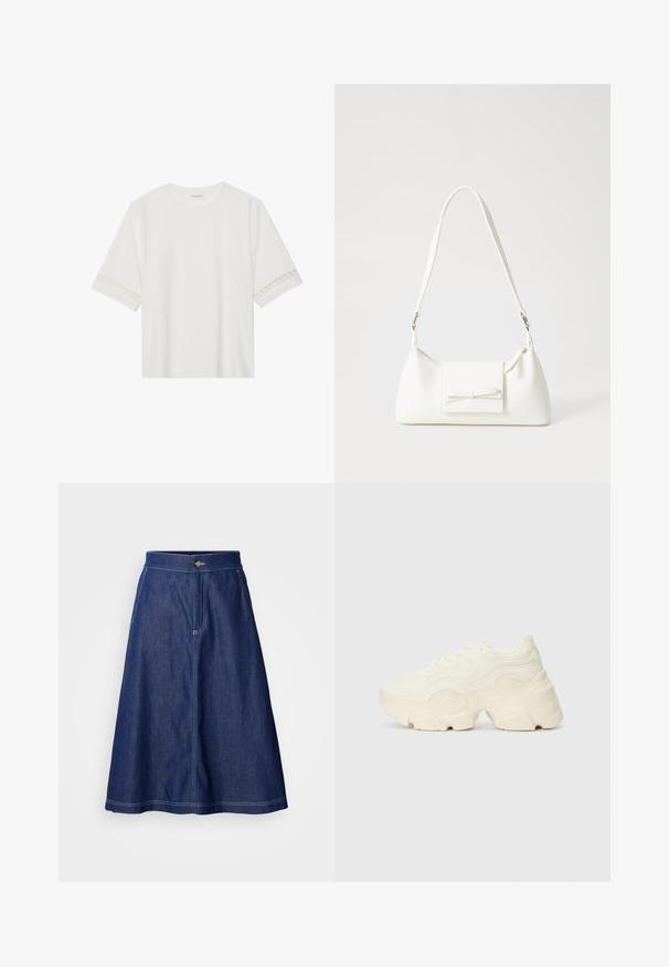 Hvit t-skjorte med kort erme laget av bomull, med dekorativ blondekant langs ermene og en rund halslinning.; Denimskjørt, dyp blå, A-linje silhuett, høy midje, knappelukking, synlig søm, kne-lengde med en jevn tekstur.; Chunky hvite sneakers laget av teksturert mesh og syntetiske materialer, med en tykk såle og intrikate mønsterdetaljer langs sidene.; Hvit syntetisk håndveske med trekantet form, flat klaff foran og sløyfe detaljer, justerbar stropp, glatt tekstur og minimalistisk design.
