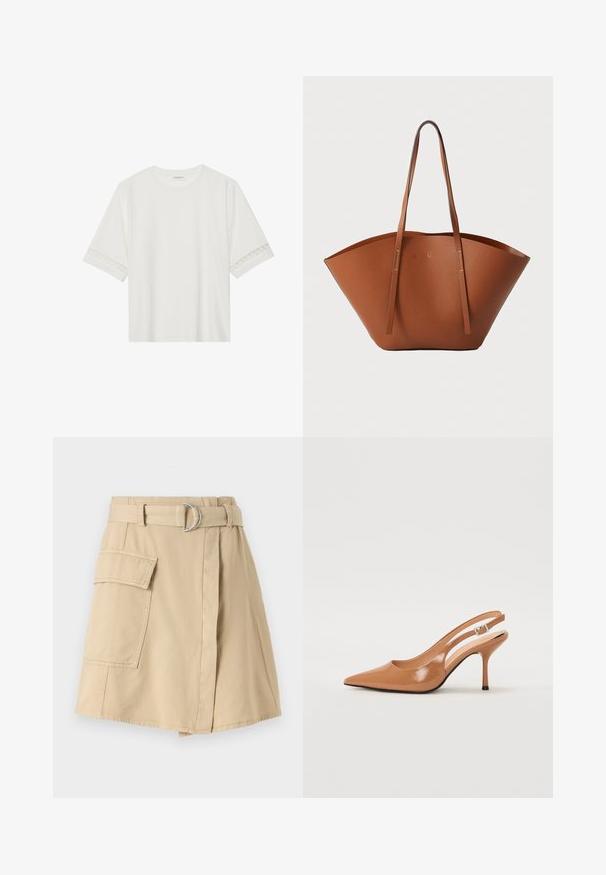White short-sleeve t-shirt made from cotton, featuring decorative lace trim along the sleeves and a round neckline.; Beige cotton skirt with a side pocket, belted waist featuring a silver ring, and a slight A-line shape. Smooth texture and simple design.; Pointed toe slingback heel in a smooth, glossy tan material. Features a curved cutout design and a slender stiletto heel. Silver buckle detail.; Brown leather tote bag with a wide, structured shape, thin handles, and a textured finish. Features minimalistic design with no visible hardware.