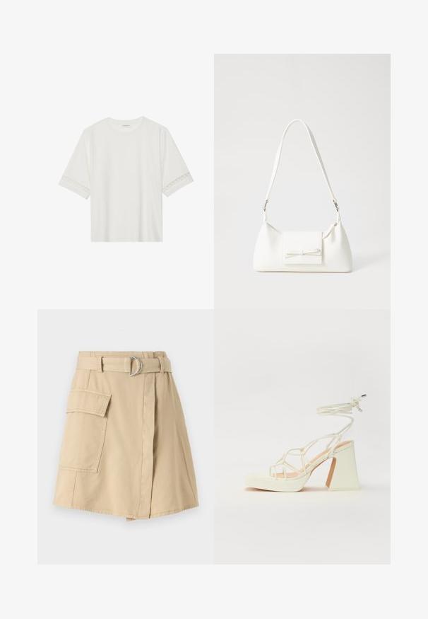 Witte korte mouwen t-shirt van katoen, met een decoratieve kantafwerking langs de mouwen en een ronde halslijn.; Beige katoen rok met een zijzak, een ceintuur met een zilveren ring en een lichte A-lijn vorm. Soepele textuur en een eenvoudig ontwerp.; Witte hoge hakken sandaal met een chunky hak, met een bandjesontwerp en enkelband. Gladde textuur met een plateau voor extra hoogte.; Witte synthetische handtas met een driehoekige vorm, platte voorklep en strikdetail, verstelbare schouderriem, gladde textuur en minimalistisch ontwerp.