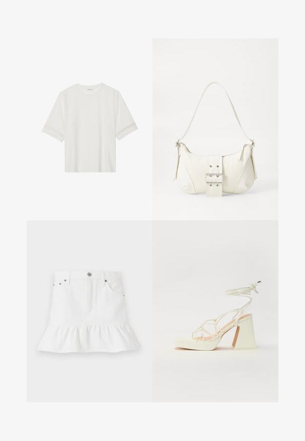 Bjela majica kratkih rukava od pamuka, s dekorativnom čipkastom obrubom duž rukava i okruglim izrezom.; Bijela traper suknja s volanom na rubu, s pet džepova, prednjim kopčanjem na dugme i metalnim detaljima.; Bijela sandala na visokoj potpetici s debelim petom, s remenom i vezanjem oko gležnja. Glatka tekstura s platformom sprijeda za dodatnu visinu.; Bijela torbica s teksturiranim završetkom, središnjim detaljem kopče i zakrivljenim oblikom. Rajsferšlusi sa svake strane.