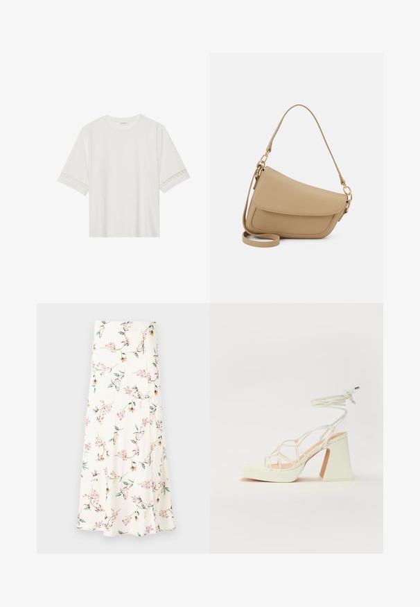 Valge lühikese varrukaga T-särk, mis on valmistatud puuvillast, kaunistatud pitsiga varrukate ääres ja ümmarguse kaelusega.; Voolav, kreemikas seeliku koos lillemustriga, mis sisaldab roosasid lilli ja rohelisi lehti. Pehme kangas, millel on kergelt tekstureeritud pind.; Valged kõrge kontsaga sandaalid, millel on paks konts ja rihmadega disain koos pahkluu sidumisega. Sile tekstuur ja platvorm ees, et lisada kõrgust.; Even&Odd Käekott - beige