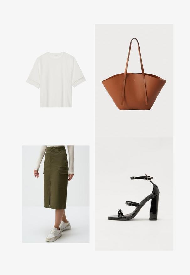 Witte korte mouwen t-shirt van katoen, met een decoratieve kantafwerking langs de mouwen en een ronde halslijn.; Olijfgroene midi-jurk gemaakt van katoenmix, met een uitsparing aan de voorkant en grote zijzakken, gecombineerd met witte sneakers.; Zwarte gepatenteerde sandalen met hak en een vierkante neus, enkelbandjes en zilveren gespen. Heeft een stevige blokhak voor stabiliteit.; Bruine lederen totebag met een brede, gestructureerde vorm, dunne handvatten en een gestructureerde afwerking. Kenmerkt zich door een minimalistisch ontwerp zonder zichtbare hardware.