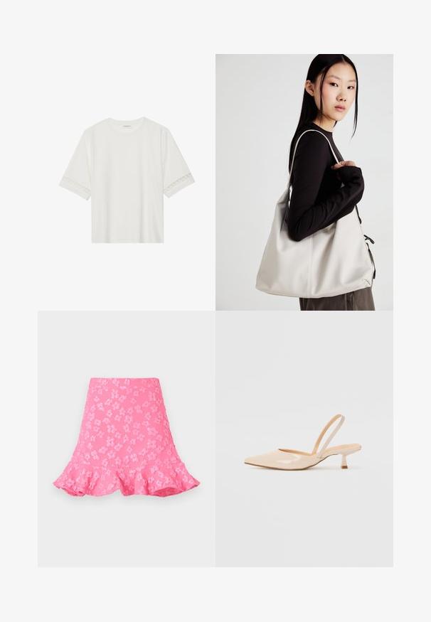 Balta īsām piedurknēm T-kreklu, izgatavotu no kokvilnas, ar dekoratīvu mežģīņu apdari ap piedurknēm un apaļu kakla izgriezumu.; Rozā izsistā svārku, kuram ir reljefs ziedu raksts, viļņota apakšmala un gluda tekstūra. Garums līdz augšai ceļgaliem ar pieguļošu vidukļa daļu.; Bežīgas lakotas ādas slingback papēži ar smailu purngalu un šauru, kvadrātveida papēdi. Gluda tekstūra un minimālistisks dizains bez dekorēšanas elementiem.; Bežs rokassoma, izgatavota no mīksta materiāla, ar brīvu dizainu, izšūtu apdari un divām plecu siksnām. Piemērota ikdienas lietošanai.