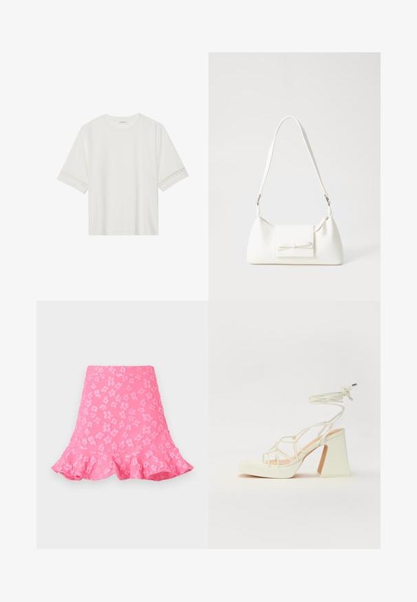 Biele tričko s krátkym rukávom vyrobené z bavlny, s dekoratívnym čipkovým lemovaním pozdĺž rukávov a okrúhlym výstrihom.; Ružová rozšírená sukňa s embosovanými kvetinovými vzormi, volánkovým lemom a hladkým povrchom. Dĺžka nad kolená s priliehavým pásom.; Biele sandále na vysokom opätku s hrubým podpätkom, s pruhovaným dizajnom a viazaním na členku. Hladký povrch s platformou vpredu pre zvýšenú výšku.; Biela syntetická kabelka s trojuholníkovým tvarom, plochým predným klapkou a detailom mašle, nastaviteľným popruhom, hladkou textúrou a minimalistickým dizajnom.