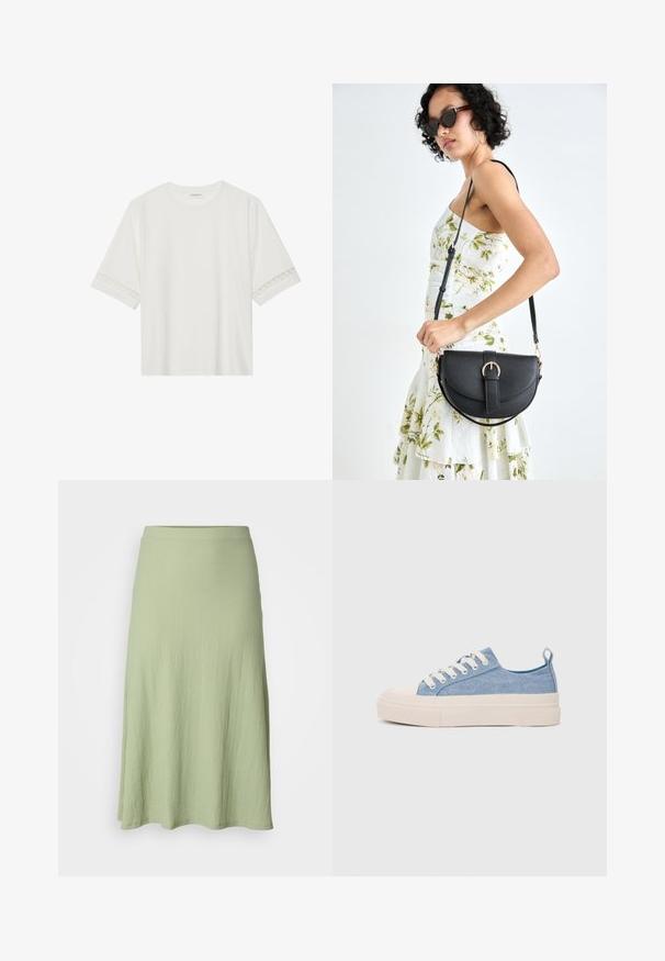 Bela kratka majica s kratkimi rokavi iz bombaža, okrašena z dekorativnim čipkastim robom ob rokavih in okroglo izrezom.; Svetlo zelena, kratka krila do kolen, izdelana iz teksturiranega materiala, z gladkim pasom in rahlo razširjeno silhueto. Brez vzorcev ali okraskov.; Svetlo modri platneni športni copati z kremnim gumijastim zaščitnikom na prstih in podplatom, z belimi vezalkami in zanko na peti.; Črna usnjena torbica s ukrivljeno obliko, z odstranljivo naramnico in zlatimi dodatki. Torbica ima pokrov s podrobnostmi v obliki zaponke.