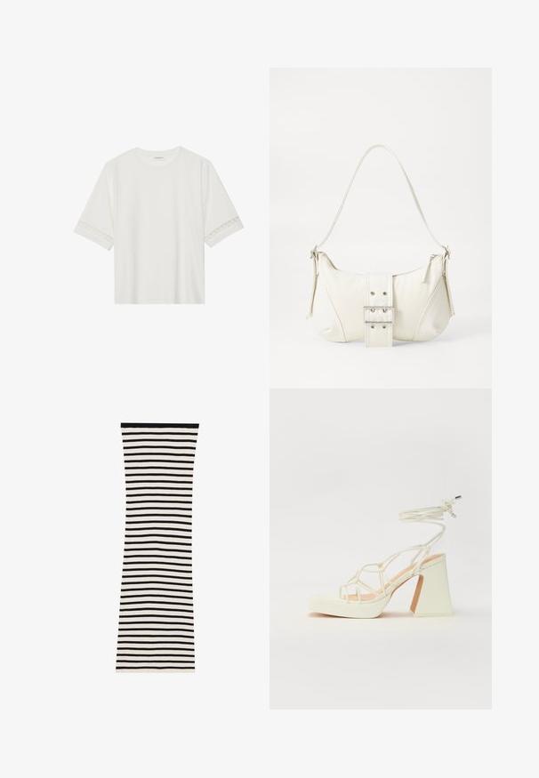 Balta īsām piedurknēm T-kreklu, izgatavotu no kokvilnas, ar dekoratīvu mežģīņu apdari ap piedurknēm un apaļu kakla izgriezumu.; Melnbalts svītrots ribots kleita ar pieguļošu formu, kurai ir horizontālas svītras un vienkrāsains melns apkakles izgriezums.; Baltas augstpapēžu sandales ar masīvu papēdi, ar siksnu dizainu un potītes saistītiem elementiem. Gluda tekstūra ar platformu priekšpusē, lai nodrošinātu papildu augstumu.; Balts plecu soma ar teksturētu apdari, centrālu sprādzi un izliekta forma. Ražota ar rāvējslēdzēja aizdares abās pusēs.