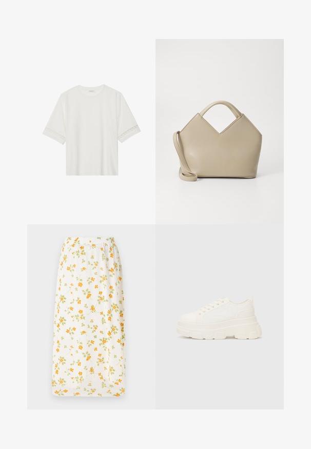 Bjela majica kratkih rukava od pamuka, s dekorativnom čipkastom obrubom duž rukava i okruglim izrezom.; Cvjetna duga suknja od lagane tkanine, bijela osnova s raspršenim narančastim i zelenim cvjetovima, elastična naramenica, lepršavi dizajn.; Bijela platnena tenisica s debelim potplatom, zaobljenim vrhom i pet rupica za vezice. Stražnji tab za jednostavno obuvanje. Glatka tekstura, minimalistički dizajn.; Bež torba sa strukturom i V-oblikovanim vrhom, napravljena od glatke kože, sa kratkim drškama i dugim podesivim remenom. Minimalistički dizajn.