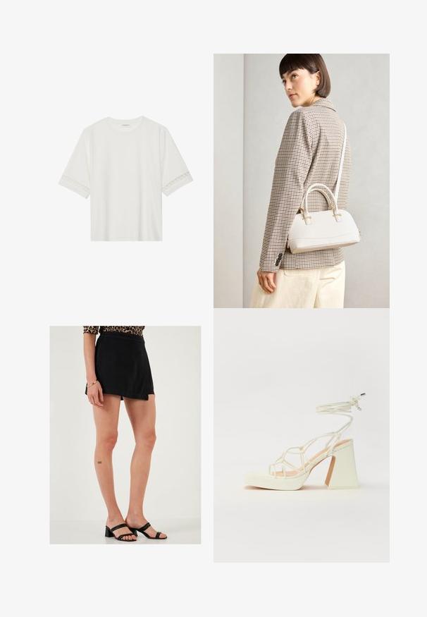 Balta īsām piedurknēm T-kreklu, izgatavotu no kokvilnas, ar dekoratīvu mežģīņu apdari ap piedurknēm un apaļu kakla izgriezumu.; LELA Šorti - black; Baltas augstpapēžu sandales ar masīvu papēdi, ar siksnu dizainu un potītes saistītiem elementiem. Gluda tekstūra ar platformu priekšpusē, lai nodrošinātu papildu augstumu.; Balta strukturēta roku soma ar īsām rokturiem un plecu siksnu, ar zelta aparatūras akcentiem un strukturētu materiālu, izstādīta uz pelēka fona.