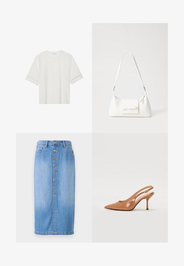 Witte korte mouwen t-shirt van katoen, met een decoratieve kantafwerking langs de mouwen en een ronde halslijn.; Blauwe denim midi-rok met een rechte snit, voorzien van een sluiting met knopen aan de voorkant, vijf zakken en een vervaagde wassing voor textuur.; Puntige slingback hak in een glad, glanzend beige materiaal. Bevat een gebogen uitsnijdontwerp en een slanke stiletto hak. Zilveren gesp detail.; Witte synthetische handtas met een driehoekige vorm, platte voorklep en strikdetail, verstelbare schouderriem, gladde textuur en minimalistisch ontwerp.