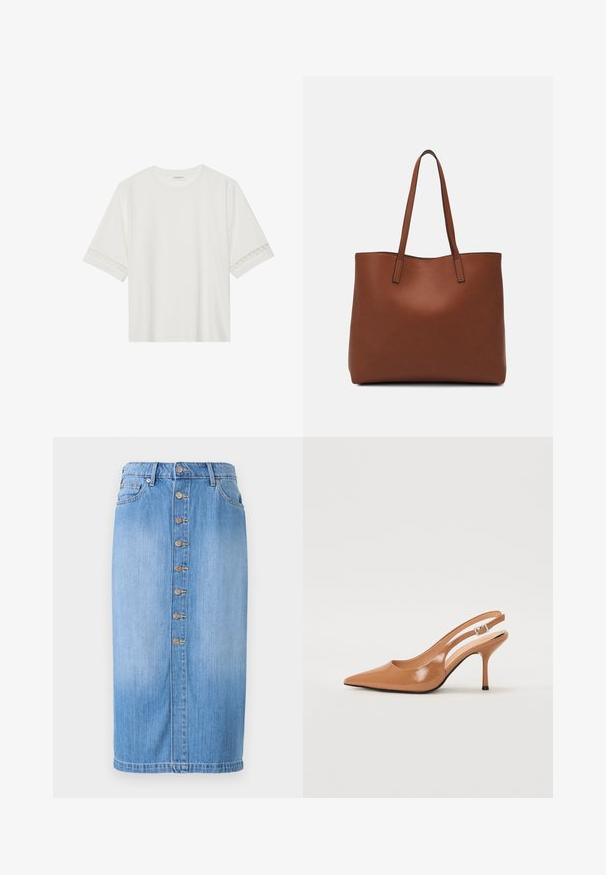 Witte korte mouwen t-shirt van katoen, met een decoratieve kantafwerking langs de mouwen en een ronde halslijn.; Blauwe denim midi-rok met een rechte snit, voorzien van een sluiting met knopen aan de voorkant, vijf zakken en een vervaagde wassing voor textuur.; Puntige slingback hak in een glad, glanzend beige materiaal. Bevat een gebogen uitsnijdontwerp en een slanke stiletto hak. Zilveren gesp detail.; Bruine leren tote bag met een gladde textuur, een ontwerp met een open bovenkant en twee schouderbanden. Kenmerkt zich door minimale stiksels en geen zichtbare hardware.