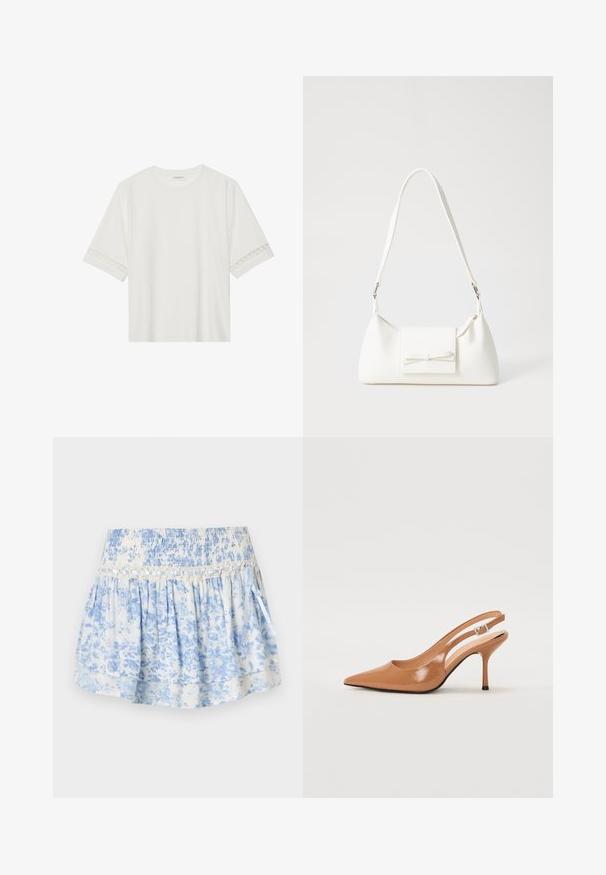 Balta īsām piedurknēm T-kreklu, izgatavotu no kokvilnas, ar dekoratīvu mežģīņu apdari ap piedurknēm un apaļu kakla izgriezumu.; Zila ziedu raksta svārki, izgatavoti no viegla auduma. Iezīmē smocētu jostu, slāņotu dizainu un dekoratīvu lentu.; Izteikts pirksta siksnas zābaks, izgatavots no gludas, spīdīgas brūnas materiāla. Piedāvā izliekta izgriezuma dizainu un smalku stiletto papēdi. Sudraba sprādze.; Balta sintētiska soma ar trīsstūrveida formu, plakanu priekšējo vāciņu un loku detaļu, regulējamu siksnu, gludu tekstūru un minimālistisku dizainu.