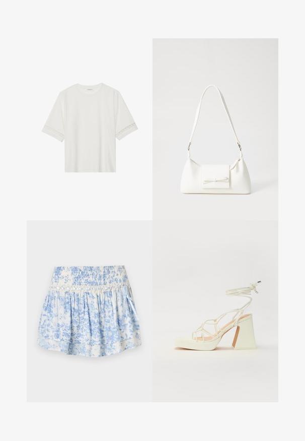Hvit t-skjorte med kort erme laget av bomull, med dekorativ blondekant langs ermene og en rund halslinning.; Blå blomstermønstret skjørt laget av lett stoff. Har en smocket midje, lagdelt design og et dekorativt bånd.; Hvit høyhælte sandal med kraftig hæl, med en stroppe-design og ankelbånd. Glatt tekstur med plattform foran for ekstra høyde.; Hvit syntetisk håndveske med trekantet form, flat klaff foran og sløyfe detaljer, justerbar stropp, glatt tekstur og minimalistisk design.