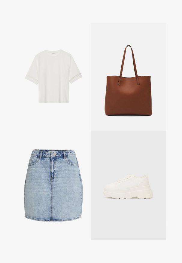 Fehér, rövid ujjas póló, pamutból készült, díszes csipkés szegéllyel az ujjak mentén és kerek nyakkivágással.; Világoskék farmer mini szoknya elülső gomb- és cipzárzárral, övhurkokkal és elülső zsebekkel.; Fehér vászon sportcipő vastag talppal, lekerekített orral és öt fűzőlyukkal. Hátulján egy fül a könnyű felvétel érdekében. Simára kidolgozott textúra, minimális dizájn.; Barna bőr vászontáska sima textúrával, nyitott tetejű dizájnnal és két vállpánttal. Minimális varrással és látható hardver nélkül készült.