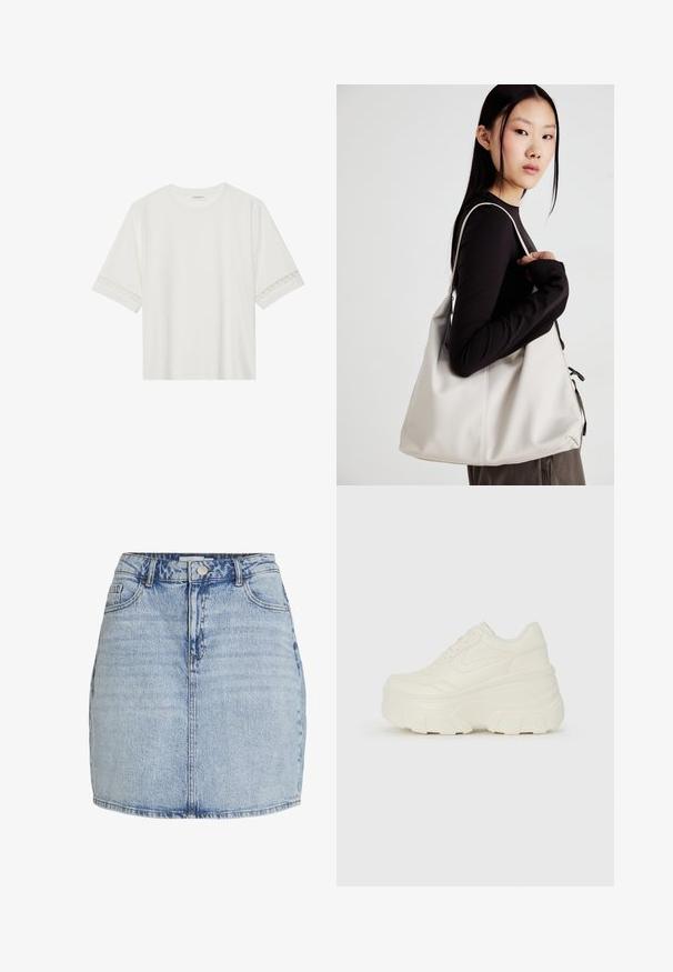 Fehér, rövid ujjas póló, pamutból készült, díszes csipkés szegéllyel az ujjak mentén és kerek nyakkivágással.; Világoskék farmer mini szoknya elülső gomb- és cipzárzárral, övhurkokkal és elülső zsebekkel.; Fehér platform sportcipők, sima bőrszerű felsőrésszel, kerek formával, párnázott bokával és texturált gumitalppal, jól definiált mintázattal.; Puha anyagból készült bézs kézitáska, laza dizájnnal, varrott részletekkel és két vállpánttal. Mindennapi használatra alkalmas.