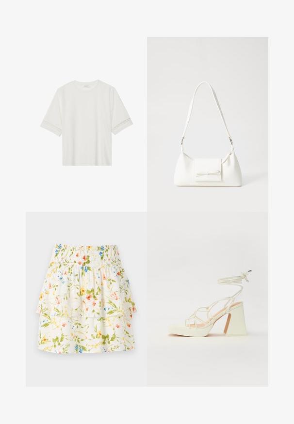 Balta īsām piedurknēm T-kreklu, izgatavotu no kokvilnas, ar dekoratīvu mežģīņu apdari ap piedurknēm un apaļu kakla izgriezumu.; Ziedu raksta svārki ar savilktu vidukli, kroku slāņiem un balto fonu, uz kura ir zaļi, sarkani un zili ziedi.; Baltas augstpapēžu sandales ar masīvu papēdi, ar siksnu dizainu un potītes saistītiem elementiem. Gluda tekstūra ar platformu priekšpusē, lai nodrošinātu papildu augstumu.; Balta sintētiska soma ar trīsstūrveida formu, plakanu priekšējo vāciņu un loku detaļu, regulējamu siksnu, gludu tekstūru un minimālistisku dizainu.