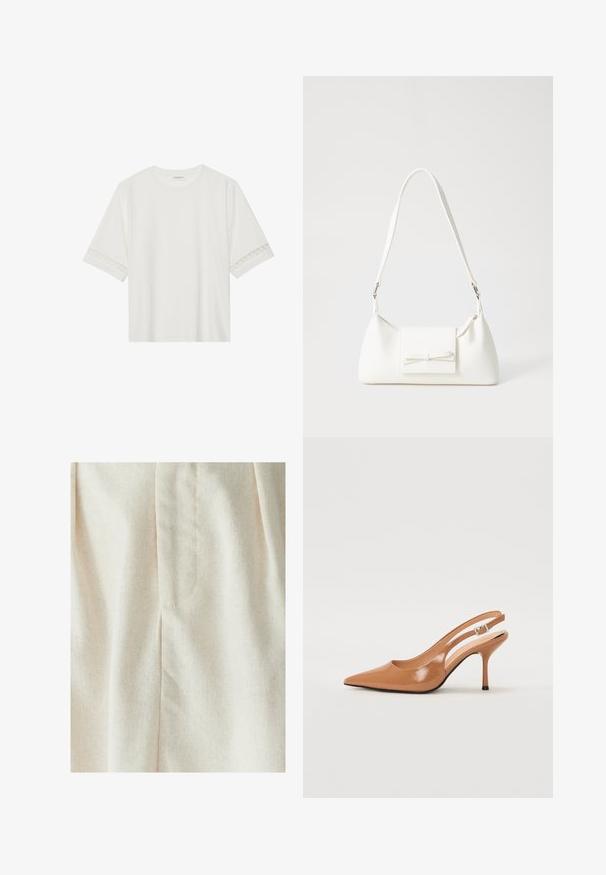 Valge lühikese varrukaga T-särk, mis on valmistatud puuvillast, kaunistatud pitsiga varrukate ääres ja ümmarguse kaelusega.; WILLA MIMIE MIDI - Voltidega seelik - natural; Küüntega slingback konts, mis on valmistatud siledast ja läikivast tan värvi materjalist. Omab kaarjat lõigatud disaini ja õhukest stiletto kontsa. Hõbedane pandla detail.; Valge sünteetilisest materjalist kott kolmnurkse kujuga, lame esiklapiga ja kaaredetailiga, reguleeritava rihmaga, sileda tekstuuriga ja minimalistliku disainiga.