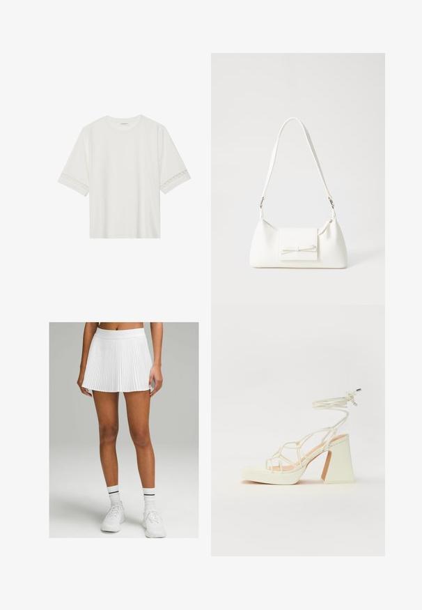 Balta trumpomis rankovėmis marškinėliai, pagaminti iš medvilnės, su dekoratyviais nėriniais aplink rankoves ir apvaliu kaklu.; Balta plisuota sijonas su plačiu juosmeniu, turinti platėjančią siluetą. Dėvima su baltomis sportinėmis batelėmis ir šonkačiais kojinėmis su juodomis juostelėmis.; Balti aukštakulniai sandalai su masyviu kulnu, su dirželių dizainu ir kulkšnies raiščiu. Lygi tekstūra su platforma priekyje, suteikianti papildomą aukštį.; Balta sintetinė rankinė trikampio formos, plokščiu priekiu su užsegimu, kaspino detale, reguliuojama dirželiu, lygia tekstūra ir minimalistišku dizainu.