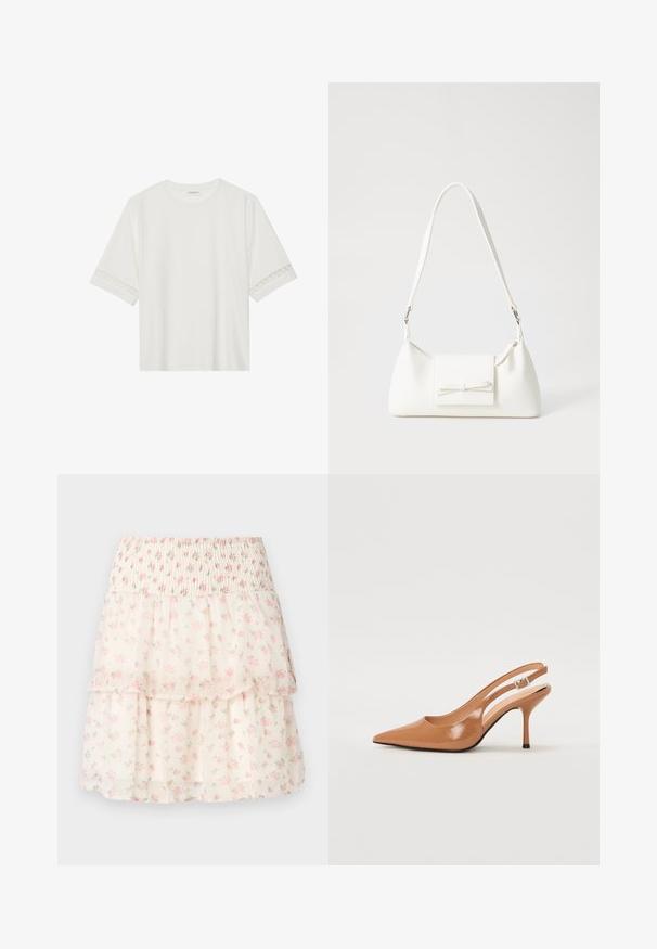 Balta īsām piedurknēm T-kreklu, izgatavotu no kokvilnas, ar dekoratīvu mežģīņu apdari ap piedurknēm un apaļu kakla izgriezumu.; Ziedu slāņota svārki, izgatavoti no viegla auduma. Aprīkoti ar elastīgu jostu, rozā ziediem un krēma fona ar maigu, caurspīdīgu tekstūru.; Izteikts pirksta siksnas zābaks, izgatavots no gludas, spīdīgas brūnas materiāla. Piedāvā izliekta izgriezuma dizainu un smalku stiletto papēdi. Sudraba sprādze.; Balta sintētiska soma ar trīsstūrveida formu, plakanu priekšējo vāciņu un loku detaļu, regulējamu siksnu, gludu tekstūru un minimālistisku dizainu.
