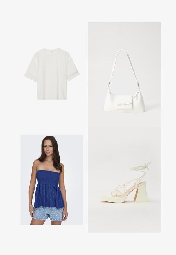 Bílé tričko s krátkým rukávem vyrobené z bavlny, s dekorativní krajkovou aplikací na rukávech a kulatým výstřihem.; Modrá bezramínková top s krajkovým vzorem a nařaseným pasem, s texturovaným květinovým vzorem. V kombinaci s roztrhanými džíny šortkami.; Bílé sandály na vysokém podpatku s robustním podpatkem, s designem s pásky a zavazováním kolem kotníku. Hladký povrch s platformou vpředu pro zvýšení výšky.; Bílá syntetická kabelka v trojúhelníkovém tvaru, s plochým předním klopným víkem a detailem mašle, nastavitelným popruhem, hladkým povrchem a minimalistickým designem.