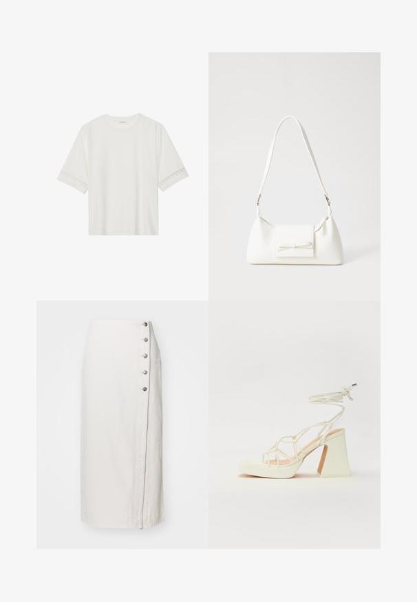 Bílé tričko s krátkým rukávem vyrobené z bavlny, s dekorativní krajkovou aplikací na rukávech a kulatým výstřihem.; Bílá denimová midi sukně se zapínáním na boční knoflíky, která obsahuje pět kovových knoflíků a rovný střih. Hladká textura, ležérní design.; Bílé sandály na vysokém podpatku s robustním podpatkem, s designem s pásky a zavazováním kolem kotníku. Hladký povrch s platformou vpředu pro zvýšení výšky.; Bílá syntetická kabelka v trojúhelníkovém tvaru, s plochým předním klopným víkem a detailem mašle, nastavitelným popruhem, hladkým povrchem a minimalistickým designem.