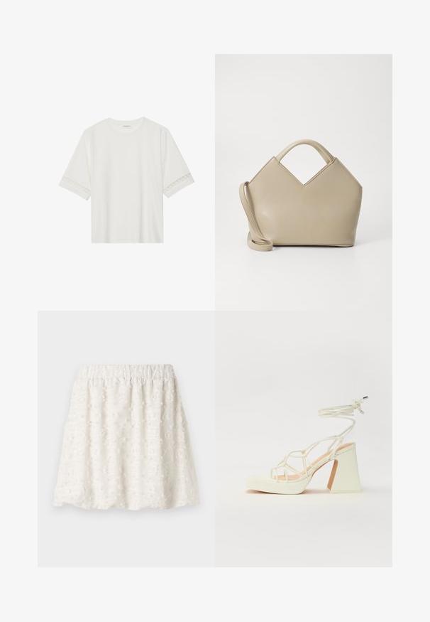 Balta īsām piedurknēm T-kreklu, izgatavotu no kokvilnas, ar dekoratīvu mežģīņu apdari ap piedurknēm un apaļu kakla izgriezumu.; Baltā teksturētā svārku ar elastīgu jostu, kas izceļas ar paceltām ziedu rakstiem un mīkstu, vieglu audumu.; Baltas augstpapēžu sandales ar masīvu papēdi, ar siksnu dizainu un potītes saistītiem elementiem. Gluda tekstūra ar platformu priekšpusē, lai nodrošinātu papildu augstumu.; Beidzis struktūrēts rokassomu ar V formas augšdaļu, no gludas ādas materiāla, īsām rokturiem un garu regulējamu siksnu. Minimalistisks dizains.