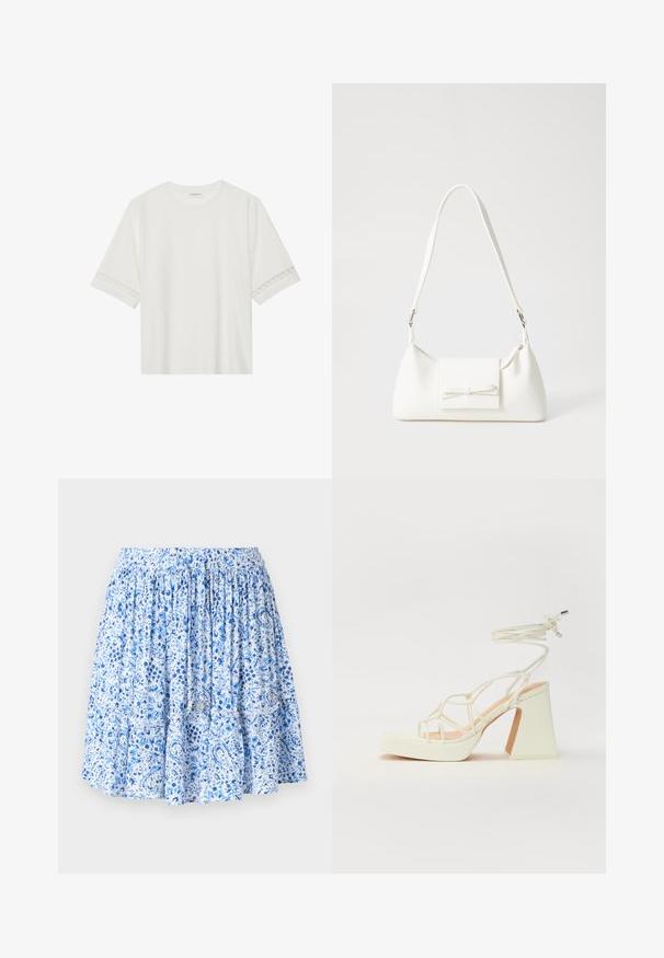 Vit kortärmad t-shirt i bomull, med dekorativa spetsdetaljer längs ärmarna och rund halsringning.; Ljusblå kjol med blommig och paisleymönster, dragen elastisk midja, skiktade volanger och snörningsdetaljer med metalländar.; Vit högklackad sandal med en kraftig klack, med ett remdesign och ankelband. Slät textur med en plattform framtill för ökad höjd.; Vit syntetisk handväska med triangulär form, platt framklaff och rosettdetalj, justerbar rem, slät textur och minimalistisk design.