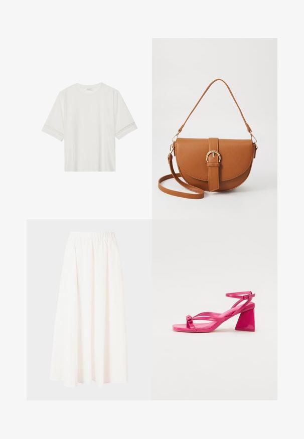 Balta trumpomis rankovėmis marškinėliai, pagaminti iš medvilnės, su dekoratyviais nėriniais aplink rankoves ir apvaliu kaklu.; Ilga sijonas su elastingu juosmeniu šviesiai kremine spalva, plazdanti medžiaga, A formos siluetas, be raštų ir papuošimų, iki kelių ilgio.; Rožinės patento odos basutės ant kulno su ketvirčio formos nosimi, siaurais dirželiiais ir geometriniu bloko kulnu. Dirželyje yra sagties detalė.; Ruda odinė kryžminė rankinė, turinti kreivą formą, auksinius metalinius elementus ir sagtį. Yra nuimama petneša.