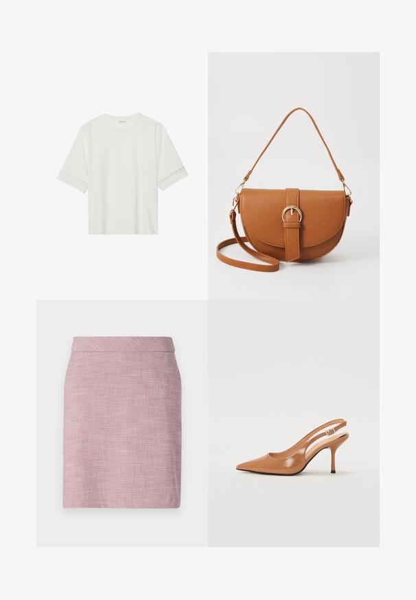 White short-sleeve t-shirt made from cotton, featuring decorative lace trim along the sleeves and a round neckline.; Pink woven pencil skirt with a smooth texture, high waistband, and a straight silhouette. Minimalist design with no visible embellishments.; Pointed toe slingback heel in a smooth, glossy tan material. Features a curved cutout design and a slender stiletto heel. Silver buckle detail.; Brown leather crossbody bag with a curved shape, gold hardware, and a buckle accent. Features a detachable shoulder strap.