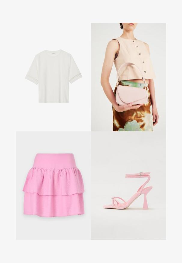 Bjela majica kratkih rukava od pamuka, s dekorativnom čipkastom obrubom duž rukava i okruglim izrezom.; Ružičasta suknja s višestrukim slojevima, širokim elastičnim pojasom i dva horizontalna volana. Napravljena od mekanog, laganog materijala. Glatka tekstura bez uzoraka.; Ružičaste sandale s visokom petom, s remenčićima i kopčanjem oko gležnja. Imaju ukrasni element na prstu i moderan, sužen dizajn pete.; Ružičasta kožna torba s zakrivljenim poklopcem, jednim remenom za rame i čistim linijama. Torba ima glatku teksturu i minimalistički dizajn.