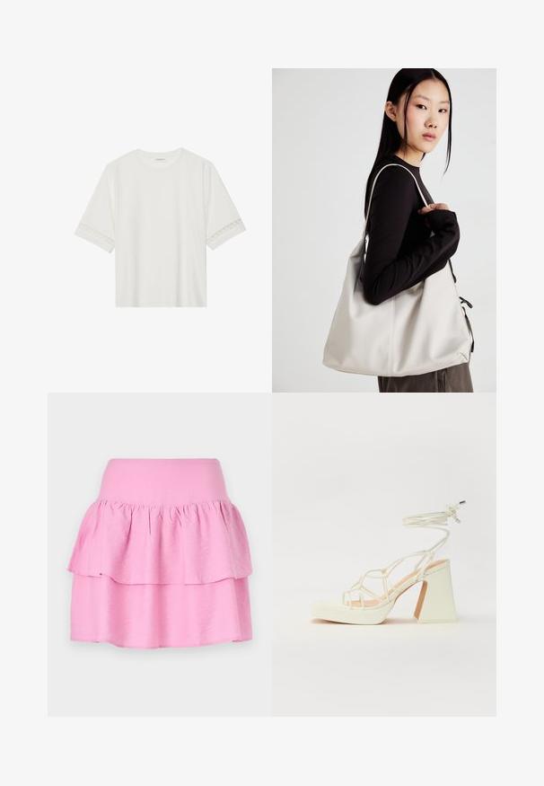 Valge lühikese varrukaga T-särk, mis on valmistatud puuvillast, kaunistatud pitsiga varrukate ääres ja ümmarguse kaelusega.; Roosa kihiline seelik laia elastse vööga ja kahe horisontaalse volangiga. Valmistatud pehmest, kergekaalulisest kangast. Sile tekstuur, ilma mustriteta.; Valged kõrge kontsaga sandaalid, millel on paks konts ja rihmadega disain koos pahkluu sidumisega. Sile tekstuur ja platvorm ees, et lisada kõrgust.; Bež käekott pehme materjali, millel on lõtv disain, õmblustega detailid ja kaks õlarihma. Sobib igapäevaseks kasutamiseks.