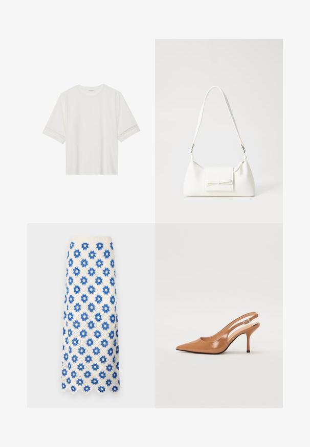 White short-sleeve t-shirt made from cotton, featuring decorative lace trim along the sleeves and a round neckline.; Lace maxi skirt in white with blue floral patterns. Scalloped hemline and textured design add detail to the fabric.; Pointed toe slingback heel in a smooth, glossy tan material. Features a curved cutout design and a slender stiletto heel. Silver buckle detail.; White synthetic handbag with a triangular shape, flat front flap and bow detail, adjustable strap, smooth texture, and minimalistic design.