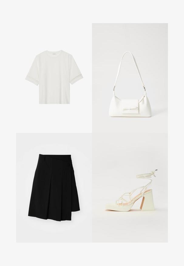 White short-sleeve t-shirt made from cotton, featuring decorative lace trim along the sleeves and a round neckline.; Weekday PLEATED MIDI SKIRT - Wrap skirt - black; White high-heeled sandal with a chunky heel, featuring a strappy design and ankle tie. Smooth texture with a platform front for added height.; White synthetic handbag with a triangular shape, flat front flap and bow detail, adjustable strap, smooth texture, and minimalistic design.