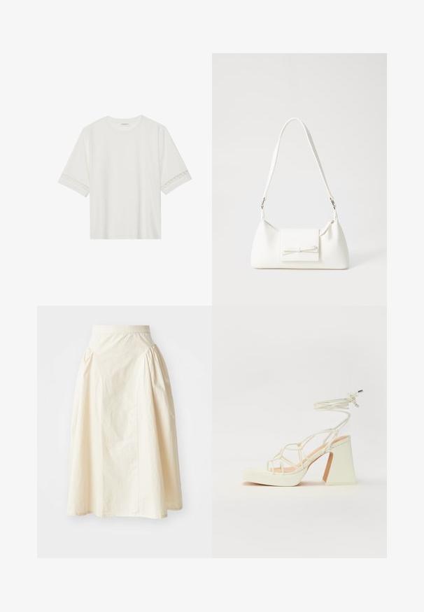 Fehér, rövid ujjas póló, pamutból készült, díszes csipkés szegéllyel az ujjak mentén és kerek nyakkivágással.; Egy hosszú, krémszínű szoknya, könnyű anyagból készült, derékon rakott részletekkel és sima, hullámzó sziluettel.; Fehér, magassarkú szandál vastag sarokkal, pántos dizájnnal és bokapánttal. Sima textúra, elülső platformmal a megnövelt magasság érdekében.; Fehér szintetikus kézitáska, háromszög alakú, lapos előlap, masni részlettel, állítható pánttal, sima textúrával és minimalista dizájnnal.