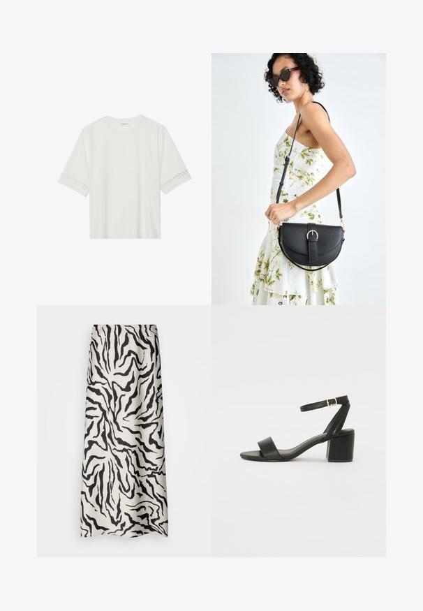 Hvit t-skjorte med kort erme laget av bomull, med dekorativ blondekant langs ermene og en rund halslinning.; Maxiskjørt i et kremfarget stoff med et svart tigerstripe-mønster. Glatt tekstur med elastisk liv, fallende til full lengde.; Sorte hælede sandaler med en glat læderoverdel, åben tå, brede frontstropper og justerbar ankelstrop med en gold spænde detalje.; Svart lærveske med en buet form, avtagbar stropp og gullbeslag. Vesken har et klaff med spenne-detall.