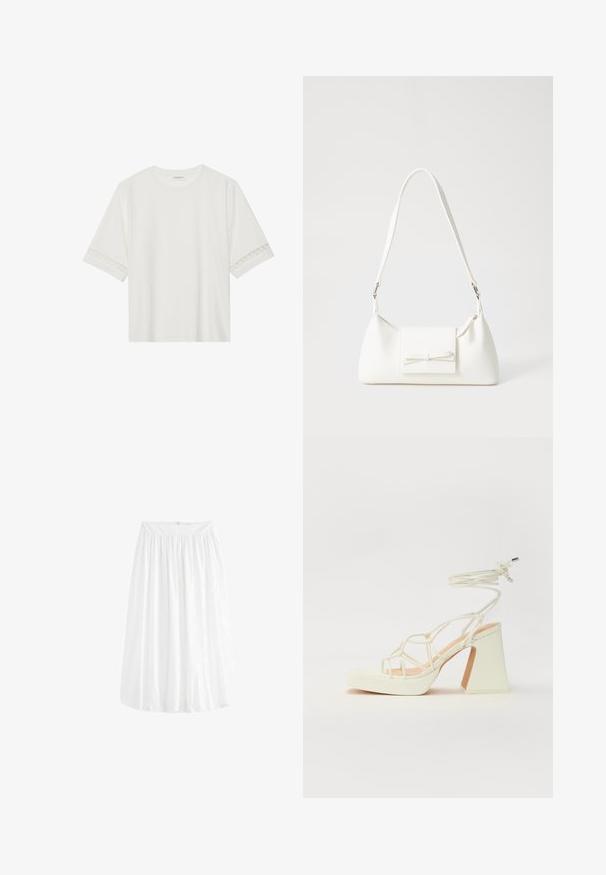 Balta trumpomis rankovėmis marškinėliai, pagaminti iš medvilnės, su dekoratyviais nėriniais aplink rankoves ir apvaliu kaklu.; Balta, iki kelių siekianti sijonas, pagamintas iš lengvos medžiagos. Ypatybės - elastinga juosmens juosta, kuri leidžia reguliuoti dydį, ir minkštas krintantis audinys.; Balti aukštakulniai sandalai su masyviu kulnu, su dirželių dizainu ir kulkšnies raiščiu. Lygi tekstūra su platforma priekyje, suteikianti papildomą aukštį.; Balta sintetinė rankinė trikampio formos, plokščiu priekiu su užsegimu, kaspino detale, reguliuojama dirželiu, lygia tekstūra ir minimalistišku dizainu.