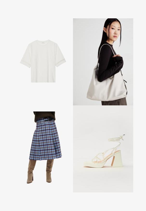 Camiseta blanca de manga corta hecha de algodón, con un ribete decorativo de encaje en las mangas y un escote redondo.; Falda a cuadros gris-azul con un diseño plisado, que presenta acentos en marrón oscuro y amarillo, combinada con botas de ante beige hasta la rodilla.; Sandalia de tacón alto blanca con un tacón grueso, que presenta un diseño de tiras y un lazo en el tobillo. Textura suave con una plataforma en la parte delantera para mayor altura.; Bolso de mano beige hecho de material suave, con un diseño holgado, detalles cosidos y dos asas. Adecuado para uso diario.