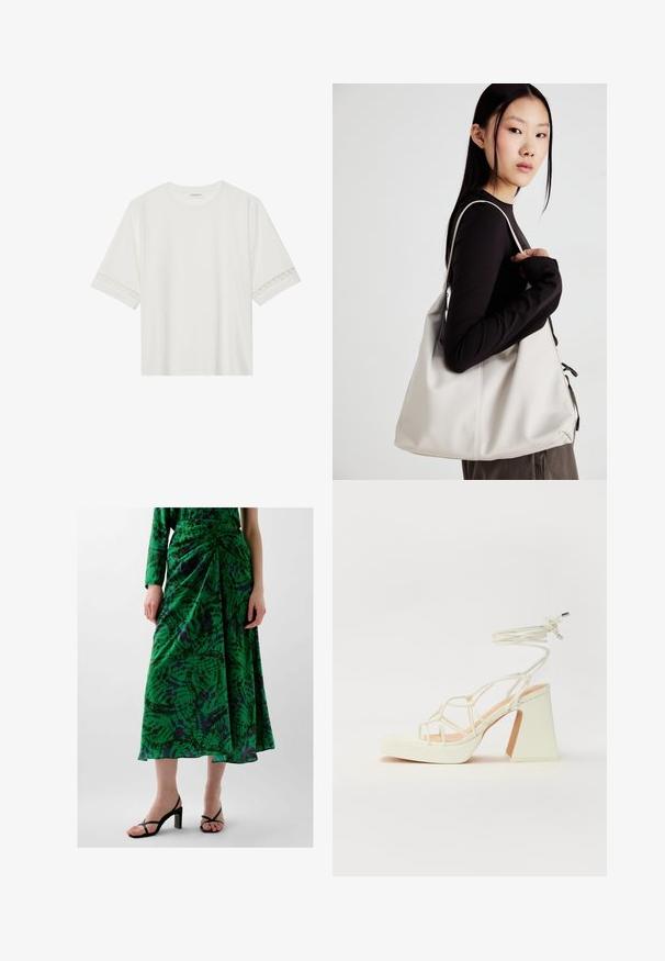Weißes T-Shirt mit kurzen Ärmeln aus Baumwolle, mit dekorativem Spitzenbesatz entlang der Ärmel und einem runden Ausschnitt.; Grüne gemusterte Rock mit gerüschtem Design, aus leichtem Stoff gefertigt. Mit lila und schwarzen Akzenten. Trägt schwarze High-Heels-Sandalen.; Weiße High-Heel-Sandale mit einem klobigen Absatz, die über ein Riemchendesign und ein Knöchelband verfügt. Glatte Textur mit einer Plattform vorne für zusätzliche Höhe.; Beige Handtasche aus weichem Material, mit einem lässigen Design, gesteppten Details und zwei Schulterriemen. Geeignet für den täglichen Gebrauch.