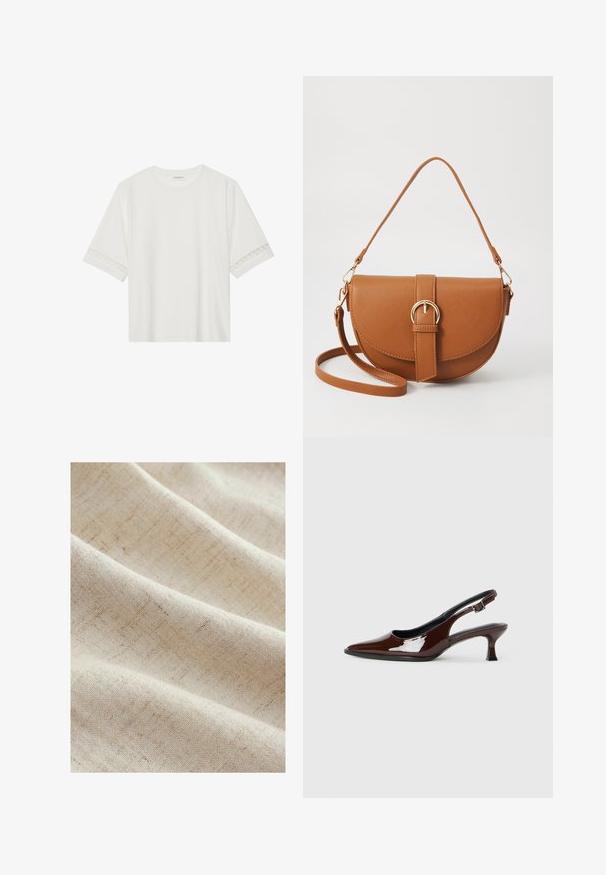 Camiseta blanca de manga corta hecha de algodón, con un ribete decorativo de encaje en las mangas y un escote redondo.; Tela de color beige claro con una textura sutil y líneas tenues, creando una apariencia suave y tejida. Se drapea suavemente en pliegues delicados.; Zapato slingback de charol marrón con punta afilada y tacón moderado. Cuenta con una correa con hebilla para un ajuste seguro. Textura suave.; Bolso bandolera de cuero marrón con forma curvada, herrajes dorados y un acento de hebilla. Incluye una correa de hombro desmontable.