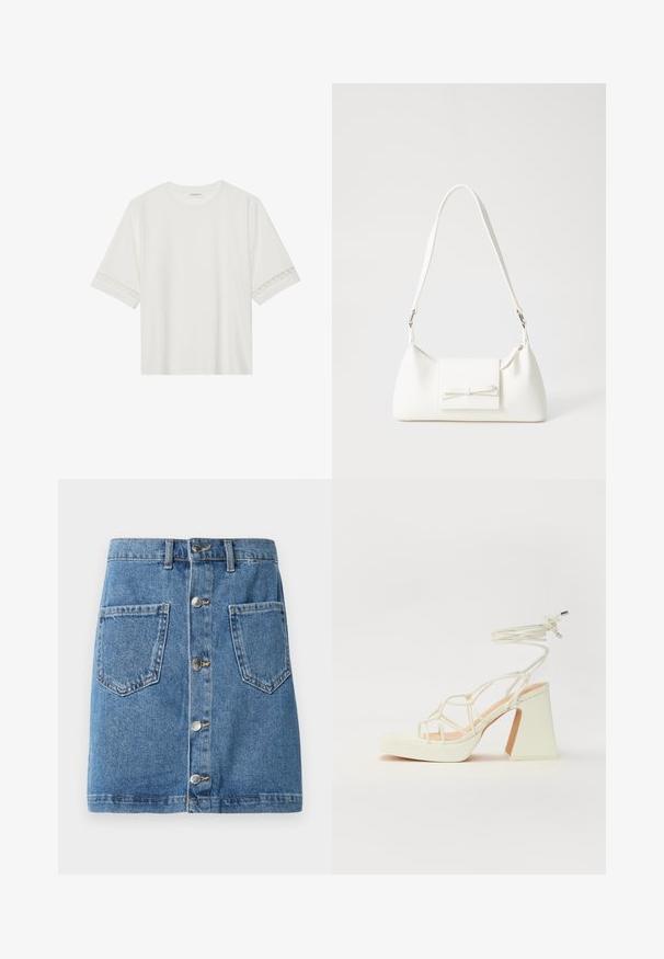 Hvit t-skjorte med kort erme laget av bomull, med dekorativ blondekant langs ermene og en rund halslinning.; Jeanskjørt med en lys blå nyanse, med frontknappelukking, to påsydde lommer og rett snitt. Stoffet har en klassisk tekstur.; Hvit høyhælte sandal med kraftig hæl, med en stroppe-design og ankelbånd. Glatt tekstur med plattform foran for ekstra høyde.; Hvit syntetisk håndveske med trekantet form, flat klaff foran og sløyfe detaljer, justerbar stropp, glatt tekstur og minimalistisk design.