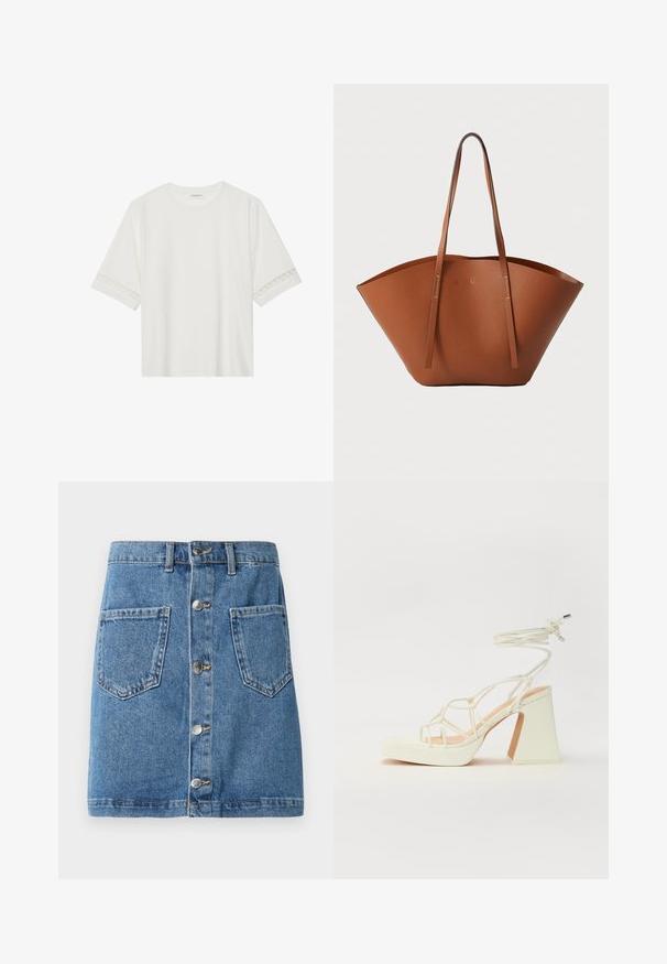 Bela kratka majica s kratkimi rokavi iz bombaža, okrašena z dekorativnim čipkastim robom ob rokavih in okroglo izrezom.; Denim krilo v svetlo modri barvi, z sprednjim gumbom, dvema zakrpama in ravnim krojem. Tkanina ima klasično teksturo.; Bela sandala na visokih petah s debelim petam, ki ima obliko trakcev in vezanje okoli gležnja. Gladka tekstura z platformo spredaj za dodatno višino.; Rjava usnjena torba tote z široko, strukturirano obliko, tankimi ročaji in teksturirano površino. Opremljena je z minimalističnim oblikovanjem brez vidne opreme.