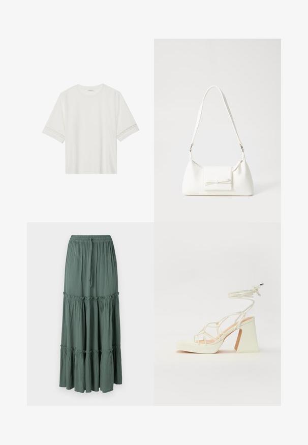 Witte korte mouwen t-shirt van katoen, met een decoratieve kantafwerking langs de mouwen en een ronde halslijn.; Lange, gelaagde rok in gedempt groen. Gemaakt van lichte stof met een elastische tailleband en trekkoord, met rimpelaccenten bij de naden.; Witte hoge hakken sandaal met een chunky hak, met een bandjesontwerp en enkelband. Gladde textuur met een plateau voor extra hoogte.; Witte synthetische handtas met een driehoekige vorm, platte voorklep en strikdetail, verstelbare schouderriem, gladde textuur en minimalistisch ontwerp.