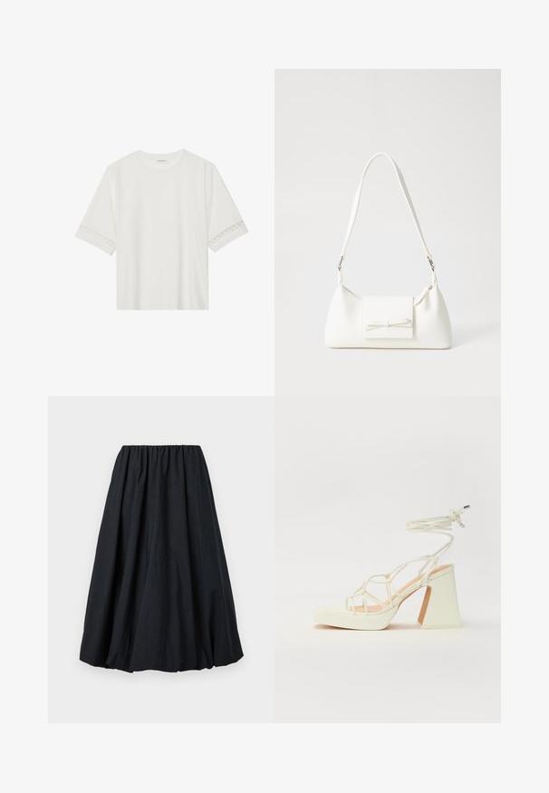 Bela kratka majica s kratkimi rokavi iz bombaža, okrašena z dekorativnim čipkastim robom ob rokavih in okroglo izrezom.; Črna krilo z elastičnim pasom, dolžine do kolen, izdelano iz teksturirane tkanine, ki se ponaša s polno silhueto in subtilnim draperijem.; Bela sandala na visokih petah s debelim petam, ki ima obliko trakcev in vezanje okoli gležnja. Gladka tekstura z platformo spredaj za dodatno višino.; Bela sintetična torbica v obliki trikotnika, z ravnim sprednjim poklopcem in detajlom mašne, nastavljivim trakom, gladko teksturo in minimalističnim dizajnom.