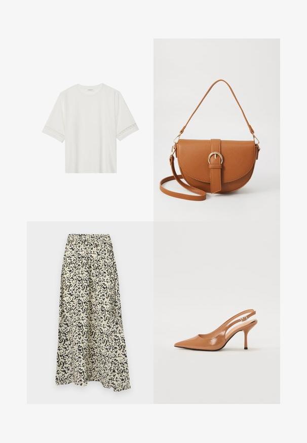 Tricou alb cu mânecă scurtă, confecționat din bumbac, cu dantelă decorativă pe marginea mânecilor și un guler rotund.; Fustă maxi cu bandă elastică în talie, realizată dintr-un material ușor. Prezintă un model abstract în nuanțe de negru și bej, o siluetă fluidă și buzunare laterale.; Pantofii cu toc slingback, cu vârful ascuțit, dintr-un material tan neted și strălucitor. Prezintă un design cu decupaj curbat și un toc subțire stil stiletto. Detaliu cu cataramă argintie.; Geantă din piele maro, tip crossbody, cu o formă curbată, accesorii aurii și un accent cu cataramă. Dispune de un curea de umăr detașabilă.